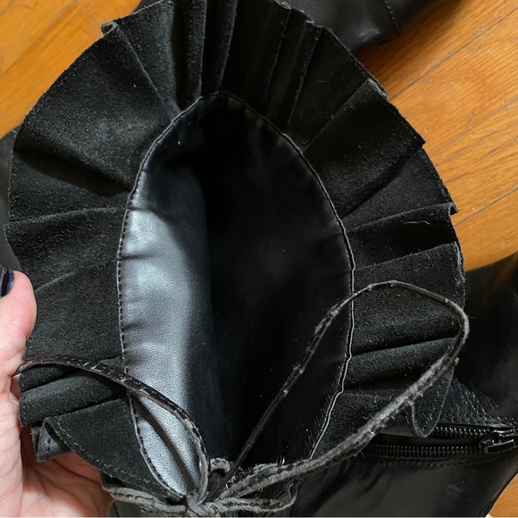 Black leather thigh high over knee ruffle tall boots otk boho club heels - Picture 9 of 16